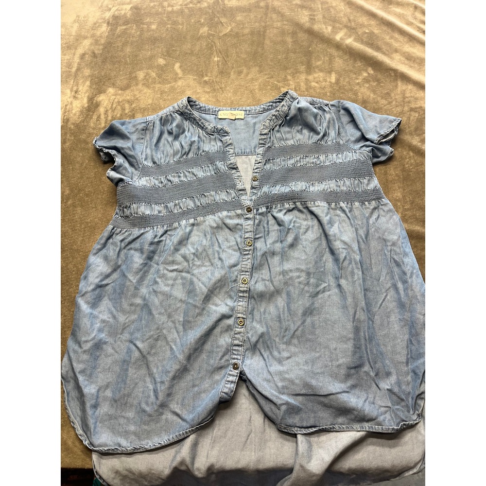Knox Rose Denim Blue Smocked Button Front Short Sleeve Tunic Top‎ Mens XL